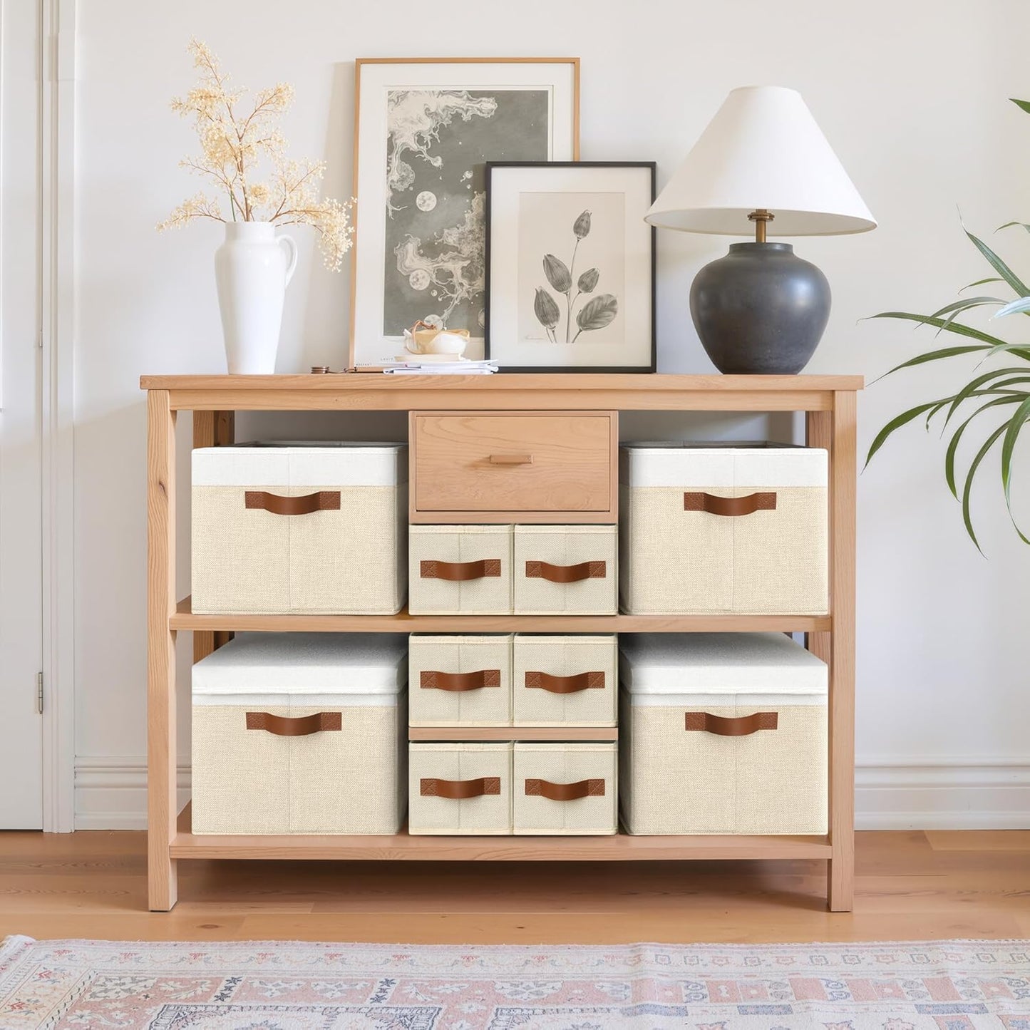 GRANNY SAYS Small Fabric Storage Bins, Storage Baskets for Shelves with PU Handles, Toilet Paper Storage, Mini Baskets for Organizing DVD, Photos, Clothes, Diaper, Sock, Cd, 6-Pack, Ivory