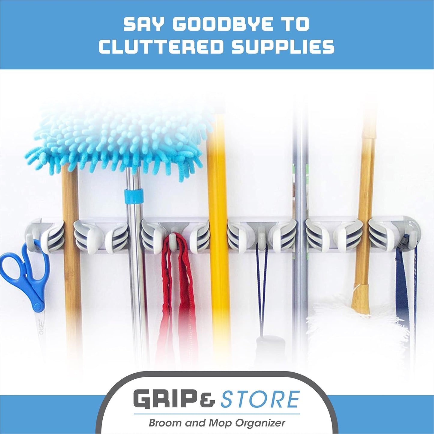 Evriholder Grip & Store Broom Holder 5 Position, Easy Way to Organize, Organized Laundry Room, Easily Store Tools and More, Strong Grip Technology, Gray