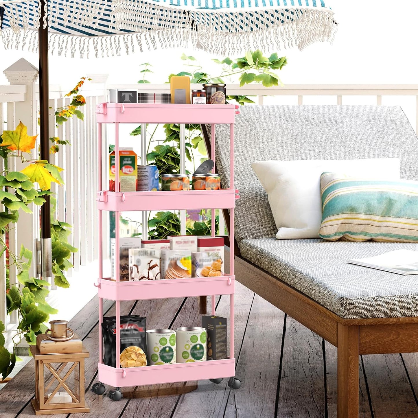 SPACEKEEPER Slim Rolling Storage Cart 4 Tier Bathroom Organizer Utility Cart Mobile Shelving Unit Tower Rack for Kitchen, Laundry Room, Bathroom, Narrow Places, Pink