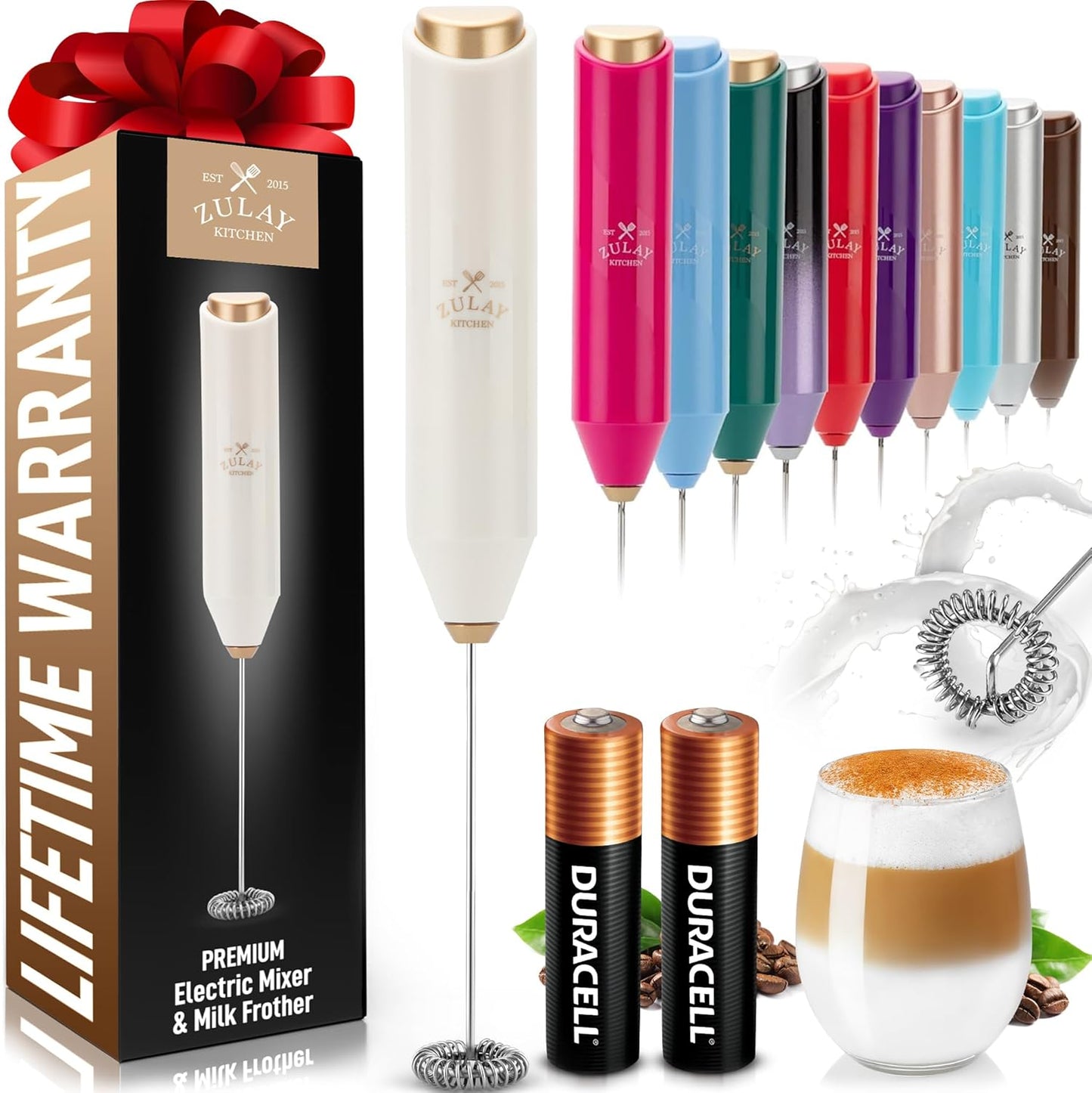 Zulay Kitchen Milk Frother Handheld with 2 Duracell AA Batteries – Electric Drink Mixer for Coffee, Lattes, Cappuccinos, Matcha & Hot Chocolate – Portable Foam Maker & Coffee Bar Accessory