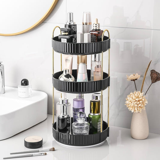 Aveniee 360 Rotating Makeup Organizer for Vanity, Large Spinning Bathroom Counter Organizer Shelf Holder for Cosmetics, Skin Care, Lipsticks,3 Tiers, Black