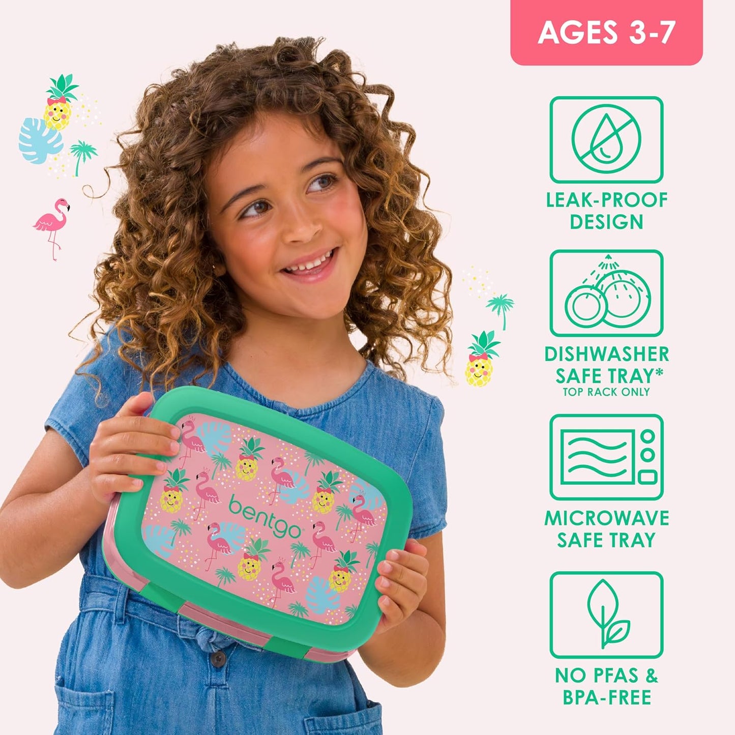 Bentgo Kids Prints Leak-Proof, 5-Compartment Bento-Style Kids Lunch Box - Ideal Portion Sizes for Ages 3-7, Durable, Drop-Proof, Dishwasher Safe, & PFAS & BPA-Free Materials (Tropical)