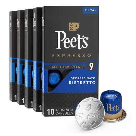 Peet's Coffee, Medium Roast Decaf Espresso Capsules, Compatible with Nespresso Original Machine - Decaf Ristretto Intensity 10, 50 Count (5 Boxes of 10 Espresso Capsules)