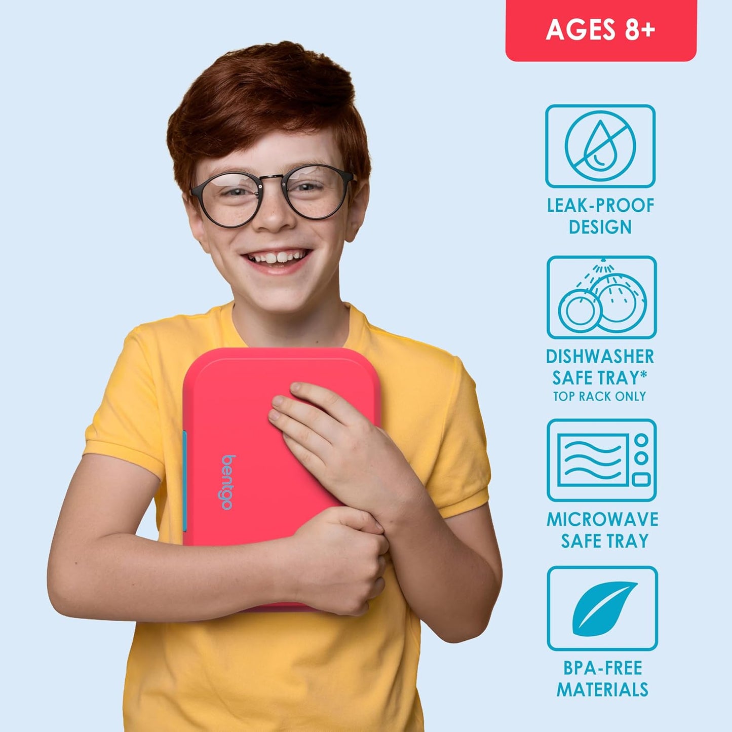 Bentgo Pop - Leak-Proof Lunch Box & Removable Divider for Ages 8+ & Teens - Lunch Container Holds 5 Cups of Food; 3-4 Compartments; Microwave/Dishwasher Safe; 2 Year Warranty (Flame Red/Turquoise)