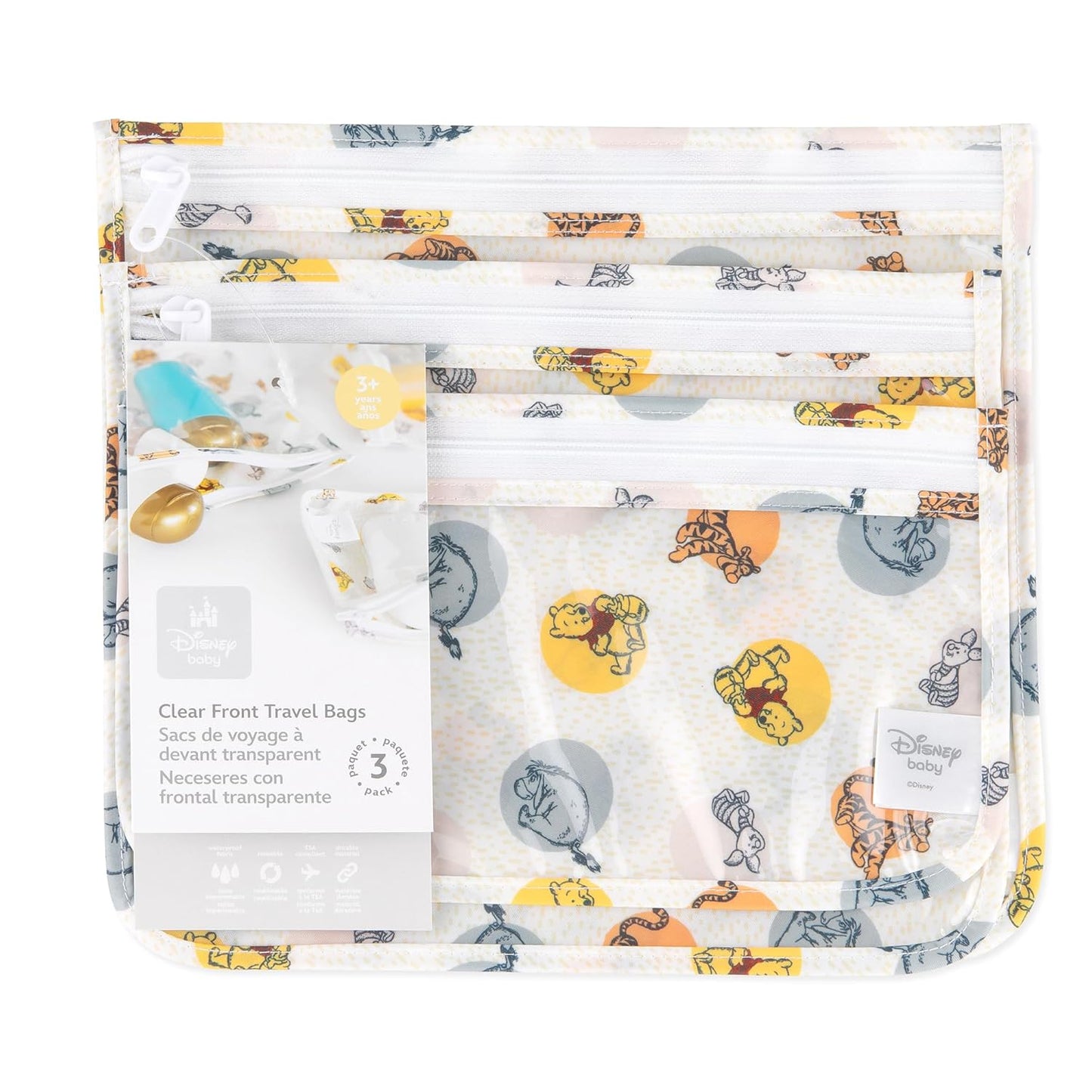 Bumkins Disney Travel Bag, Toiletry, TSA Approved Pouch, Zip Bag, Quart Size Airline Compliant, Clear-Sided, Baby, Diaper Bag Organization, Accessories, Packing, Set of 3 Sizes, Winnie the Pooh