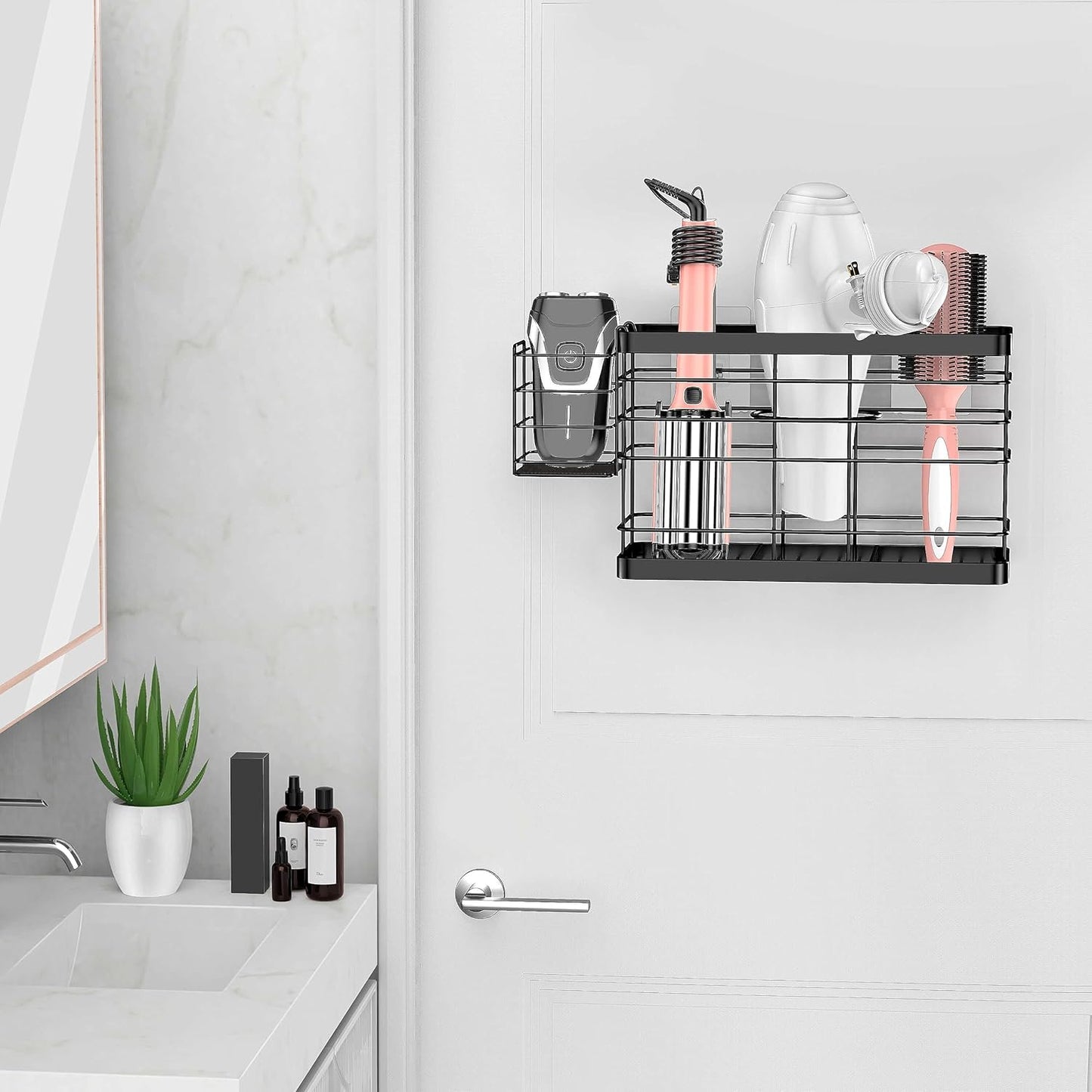 Hair Tool Organizer - Black Steel Wall Mounted Hair Dryer Holder with Removable Basket, 10.62"L x 4.33"W x 6.69"H, Ideal for Small Bathrooms