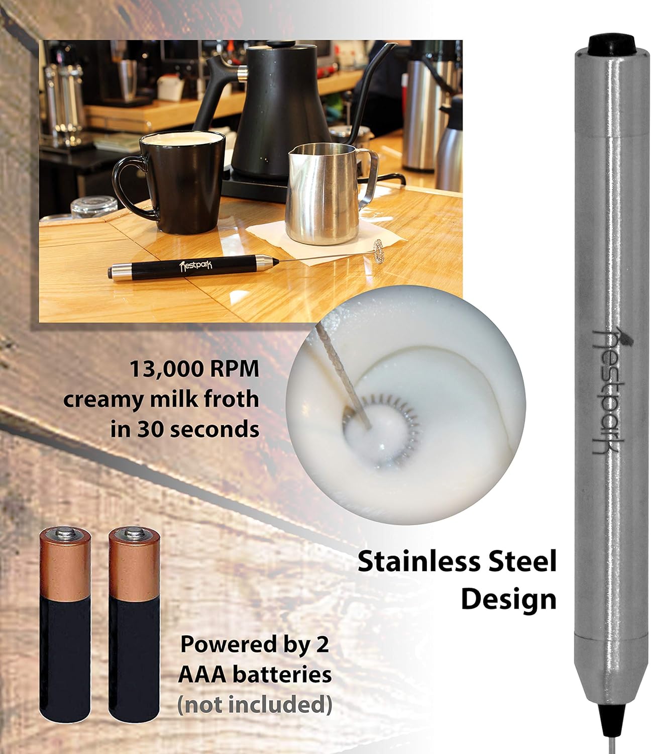 Nestpark Portable Drink Mixer and Milk Frother Wand - Small Hand-Held Mini Mixer Electric Stick Blender - Bulletproof Keto Coffee Blender Rapid Emulsifier - Cordless and Battery Operated