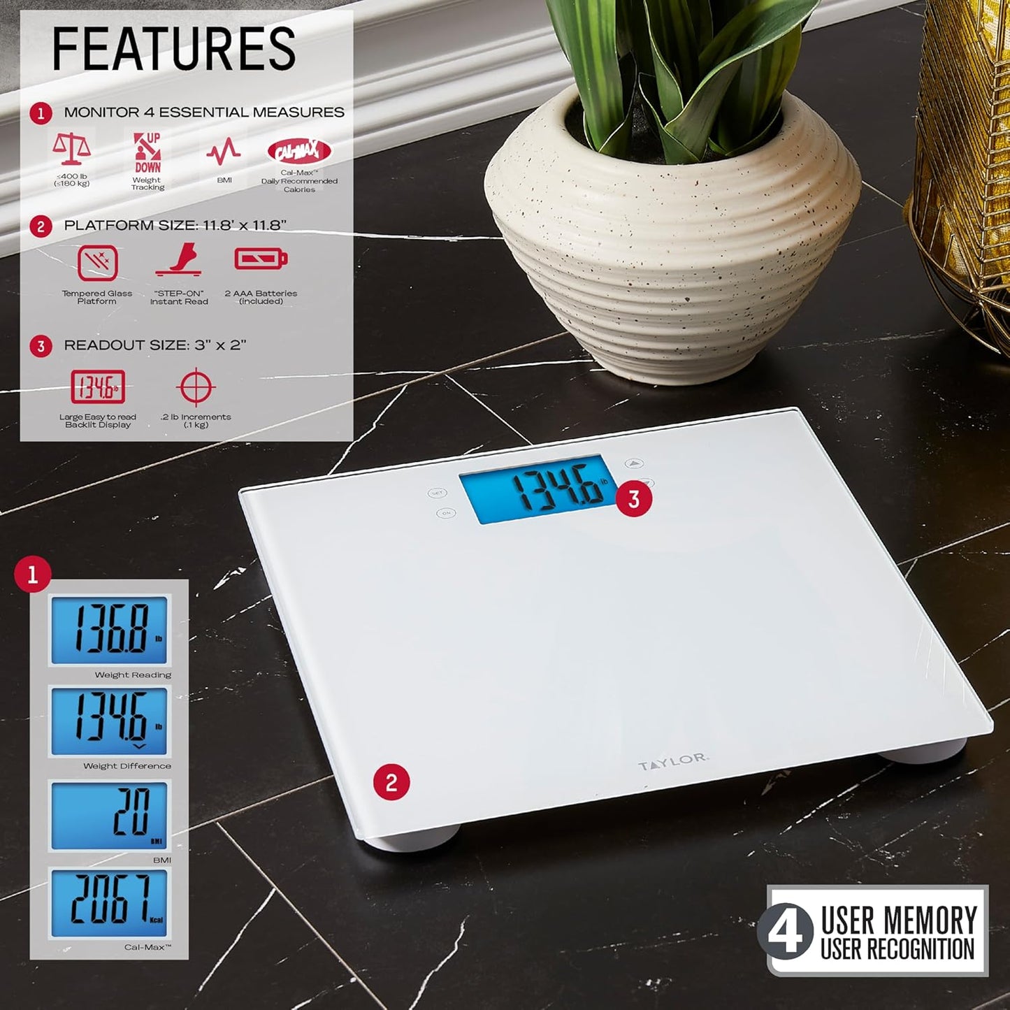 Taylor Digital Body Composition Scale w/Cal-Max, Bathroom Scale for Body Weight, Measures Body Fat, Body Water, & Muscle Mass Percentages, 4 User Recognition, FSA HSA Eligible, 400 lb Capacity, White