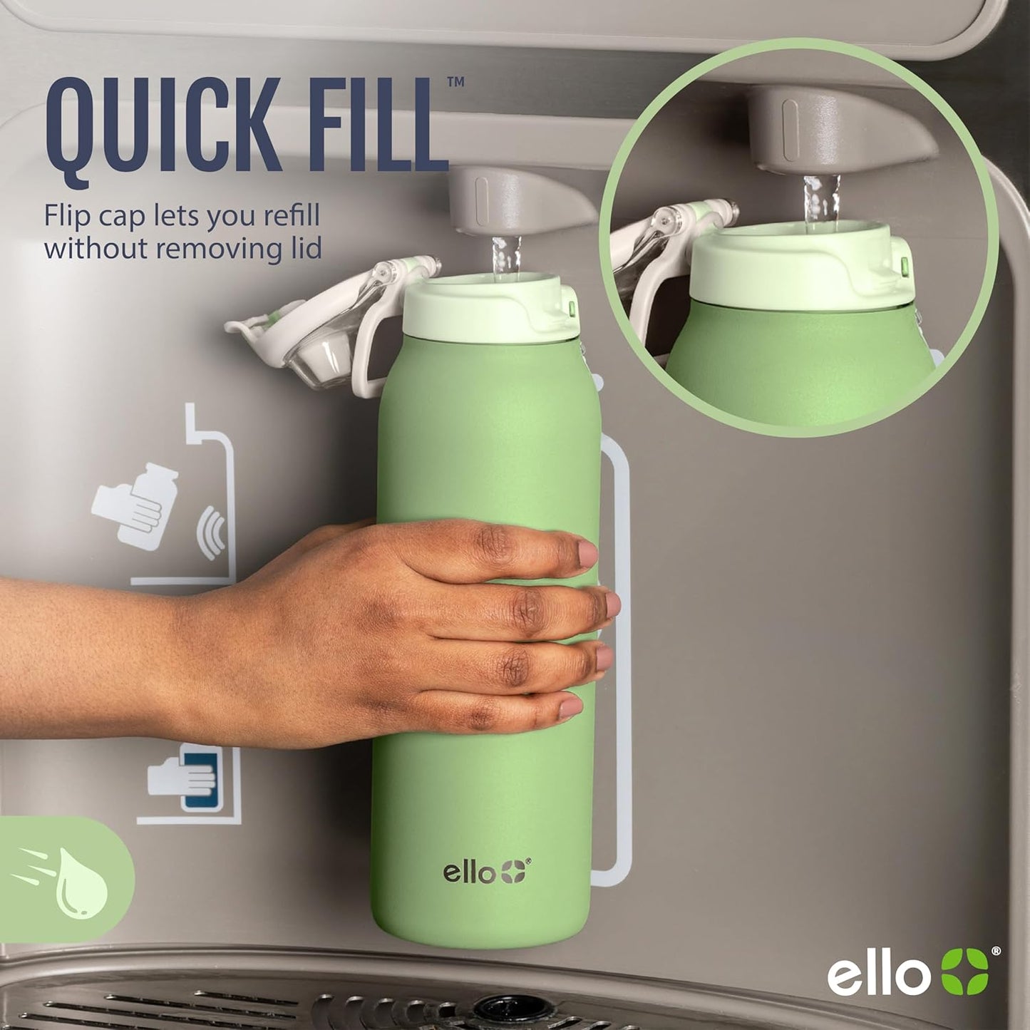 Ello Pop & Fill Stainless Steel Water Bottle with Quick Fill Technology, Double Walled Vacuum Insulated Metal, Leak Proof Locking Lid, Sip & Chug, BPA Free, Holiday Gift for Him Her, 22oz, 32oz, 40oz