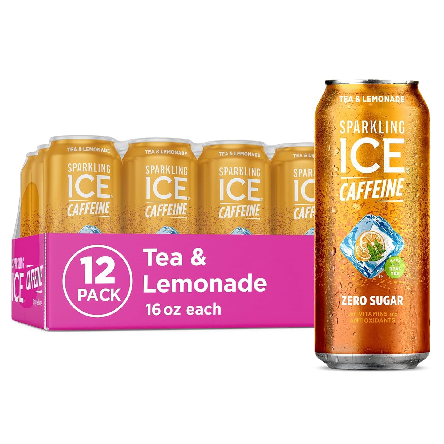 Sparkling Ice Caffeine Tea + Lemonade Sparkling Water with Caffeine, Zero Sugar, with Antioxidants and Vitamins,16 fl oz Cans (Pack Of 12)