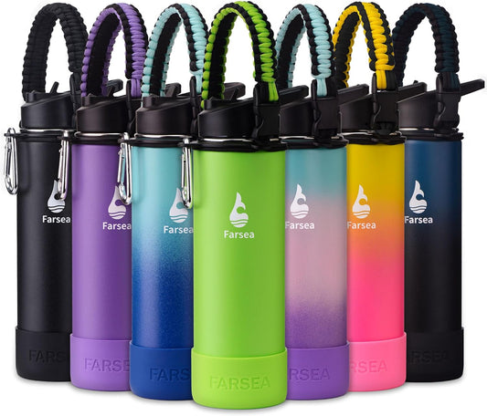 Farsea Insulated Water Bottle With Paracord Handle, Protective Boot and 2 Lids (Straw Lid & Spout Lid), Stainless Steel Water Bottle Wide Mouth, Double Wall Sweat-Proof BPA-Free, 24 oz