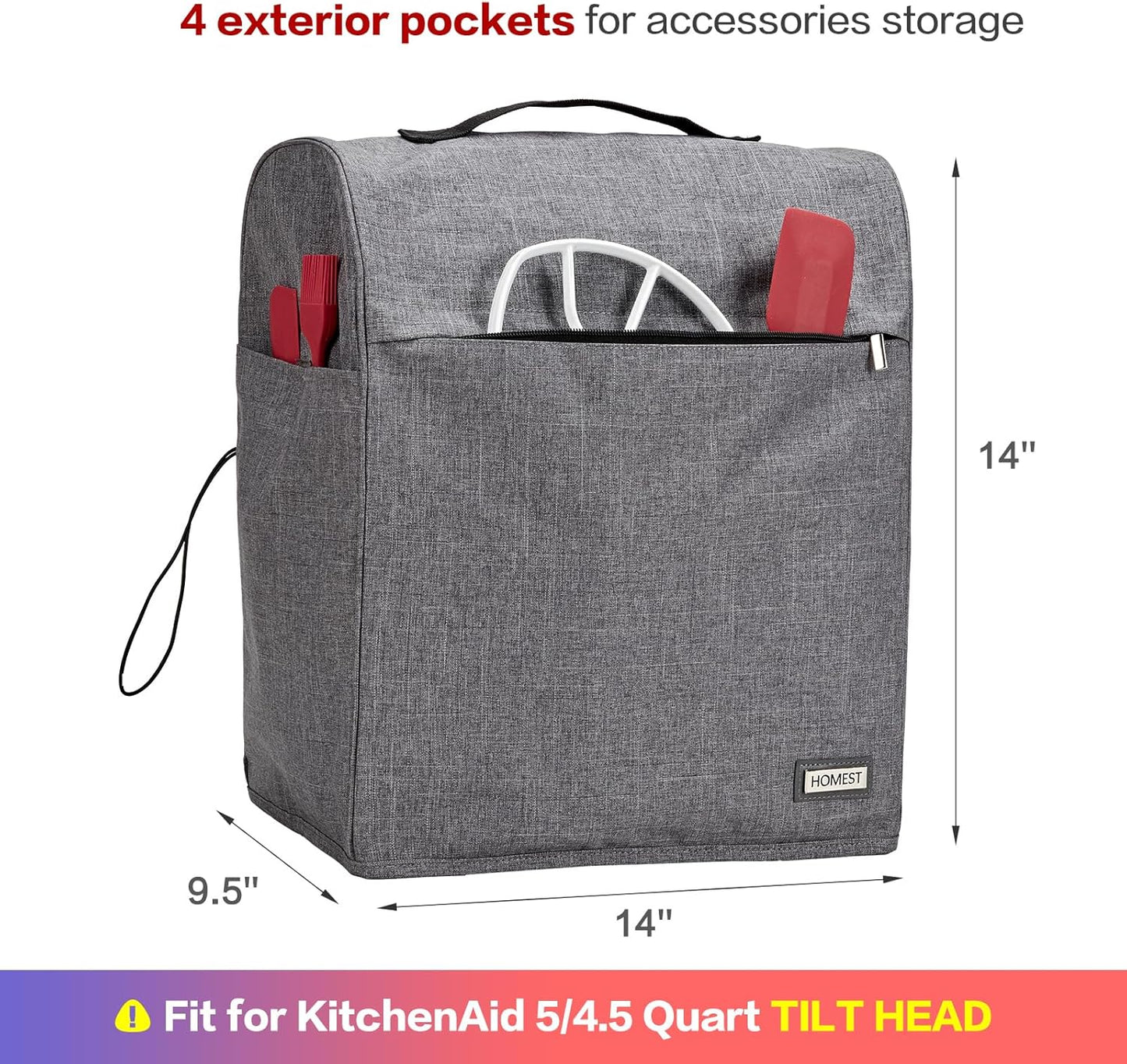 HOMEST Stand Mixer Dust Cover Compatible with KitchenAid 5/4.5 Quart Bowl Lift, Zipper Pocket for Various Kitchen Appliance Accessories, Grey (Patent Design)