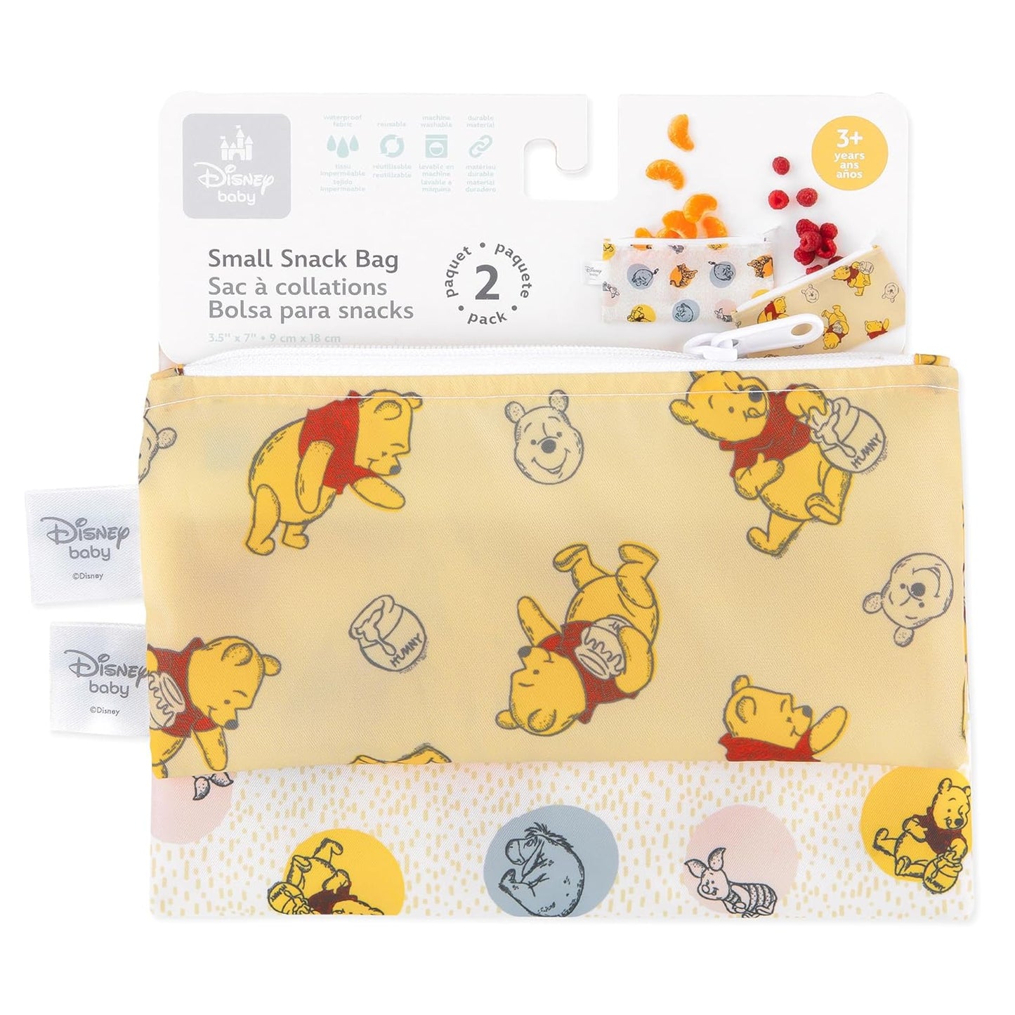 Bumkins Disney Reusable Snack Bags, for Kids School Lunch and for Adults Portion, Washable Fabric, Waterproof Cloth Zip Bag, Supplies Travel Pouch, Food-Safe Storage, 2-pk Winnie the Pooh