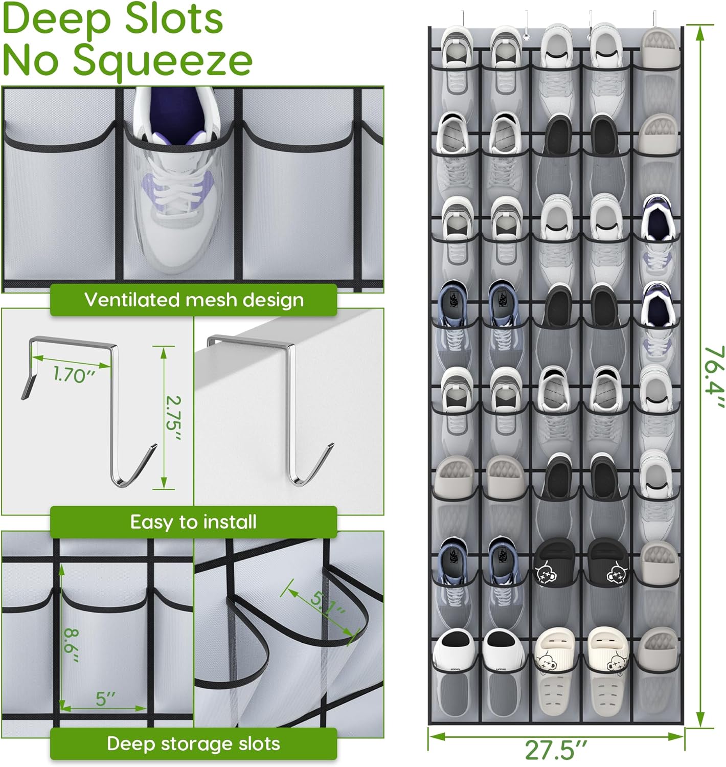 Unjumbly Over the Door Shoe Organizer with 40 Large Breathable Mesh Pockets, Space Saving Shoe Holder, Hanging Shoe Rack for Entryway Bedroom Closet Storage (Grey, 40 Pockets)