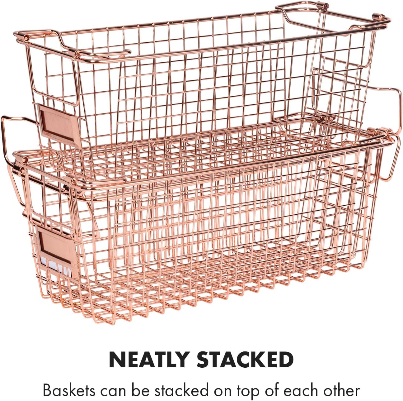 Granrosi Stackable Large Wire Baskets for Organizing — Set of 2 Rose Gold Wire Storage Baskets with Handles; Snacks & Chips Organizer for Pantry; Metal Storage Bins for Pantry