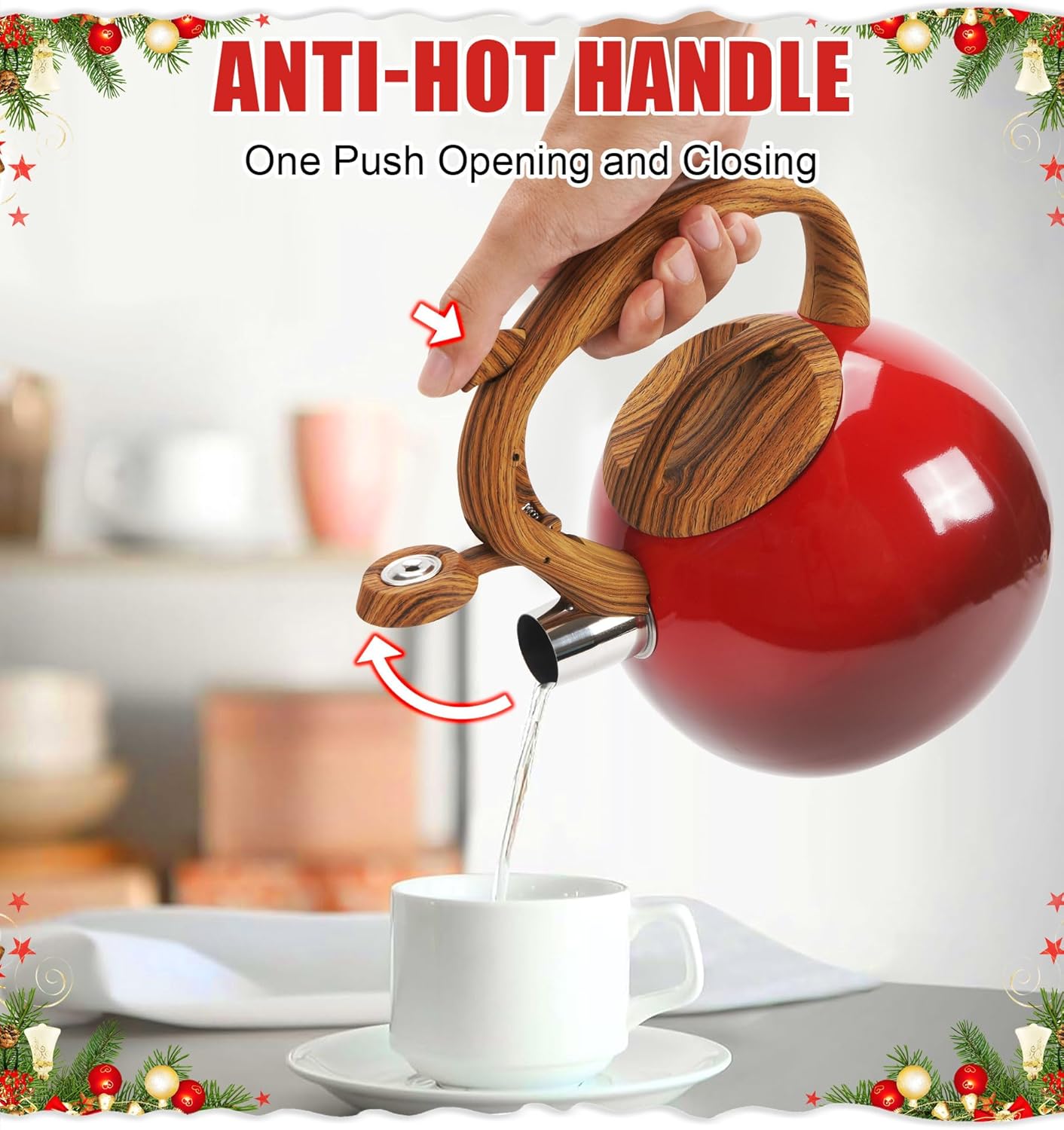 Festive Red Stovetop Whistling Tea Kettle 3.2 Quart - Stainless Steel with Wood Grain Handle, Loud Christmas Whistle for Boiling Water, Holiday Cocoa & Milk, Easy-Pour Spout Classic Design