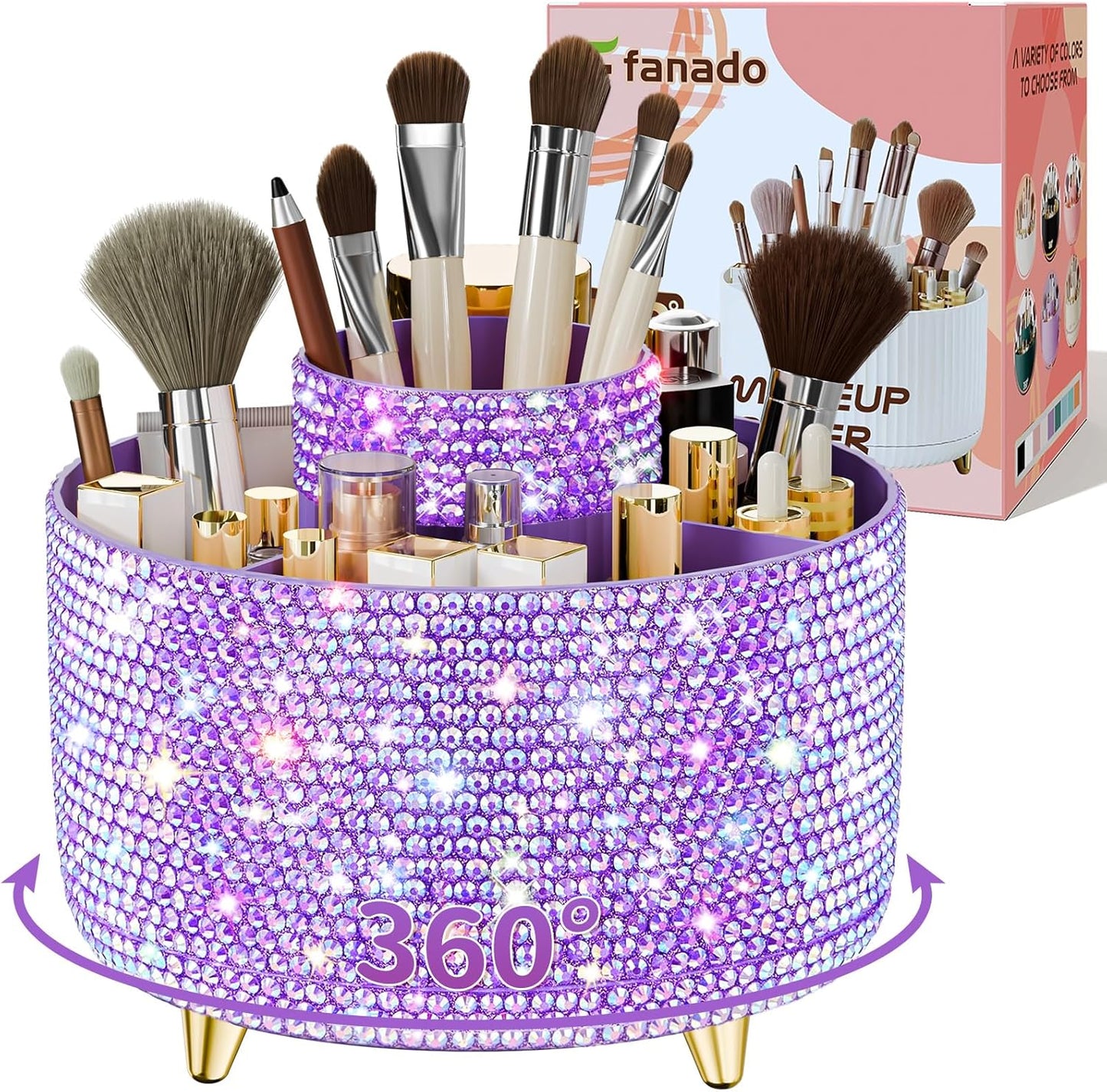 Bling 360° Rotate Makeup Brush Holder Organizer, Makeup Organizers Countertop, Makeup organization and Skincare Storage for Vanity, Gift for Women Girls (Bling dz-Purple)