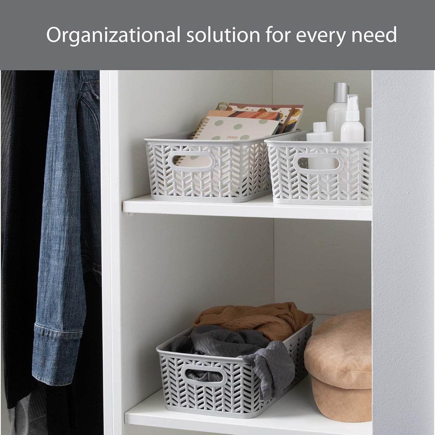 Simplify 3 Pack Small Herringbone Storage Basket | Dimensions: 10"x8"x4" | 2 Open Handles | Lightweight | Grey | Herringbone Design | Home Organization