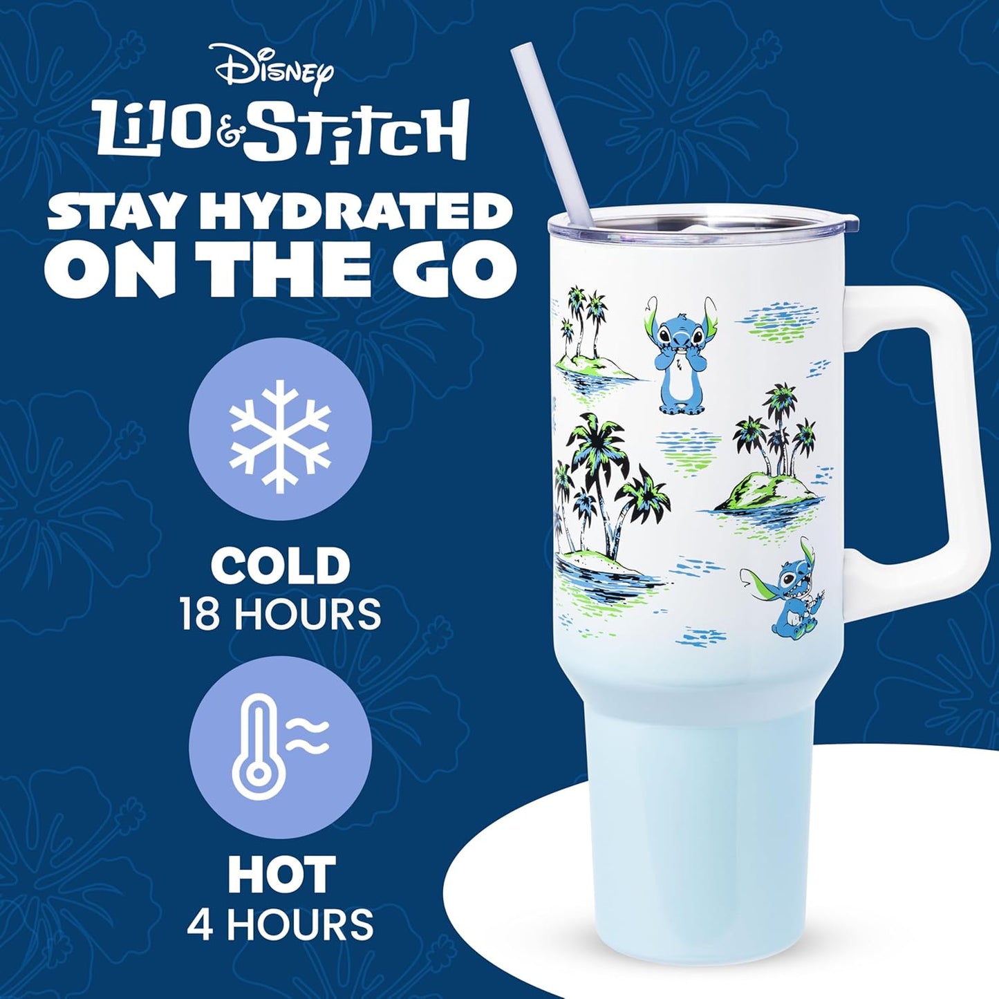 Silver Buffalo Disney Lilo and Stitch Vintage Sketch Palm Trees and Flowers Stainless Steel Tumbler with Handle and Straw, Fits in Standard Cup Holder, 40 Ounces