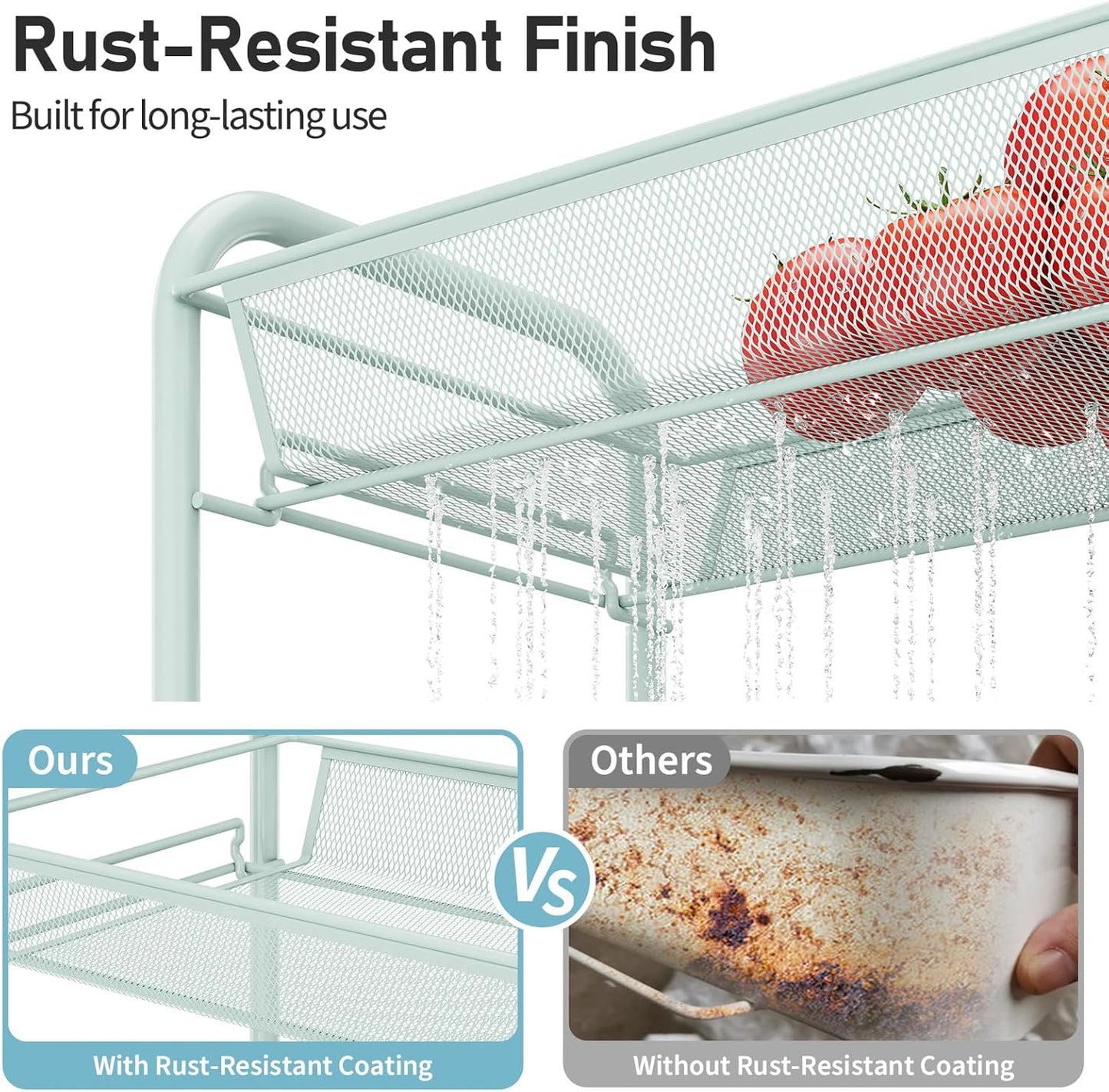 TOOLF 4-Tier Rolling Cart, Metal Utility Cart with 3 Hooks, Easy Assemble Mobile Storage Trolley On Wheels, Metal Shelving Units Kitchen Bathroom Laundry Room