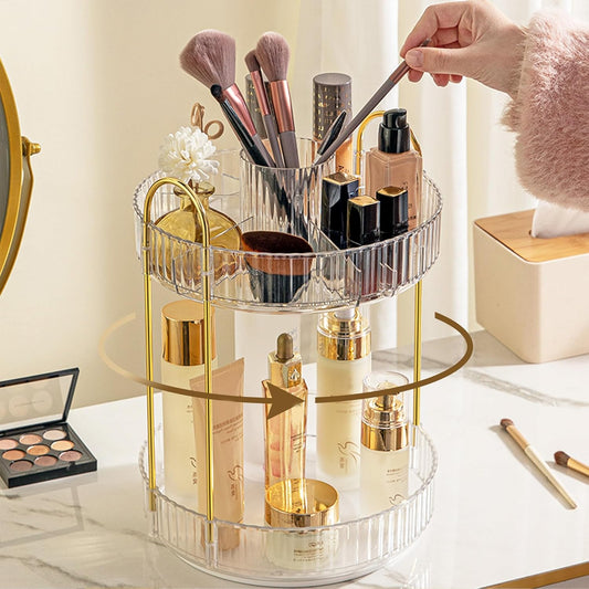 Aveniee 360 Rotating Makeup Organizer for Vanity, Upagraded Perfume Skincare Bathroom Counter Organizers with Brush Divider, Two Tier Spinning Lipstick Cosmetic Lotion Storage,White