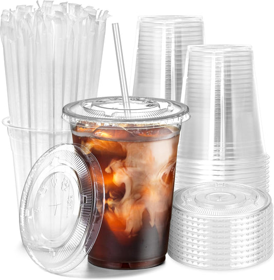 Fit Meal Prep 100 Pack 16 oz Plastic Iced Coffee Cups with Flat Lids and Clear Straws, Disposable Clear Cup, BPA Free Cup for Party, Smoothie, Cold Drinks, Juice, Milkshake, Bubble Boba, Tea
