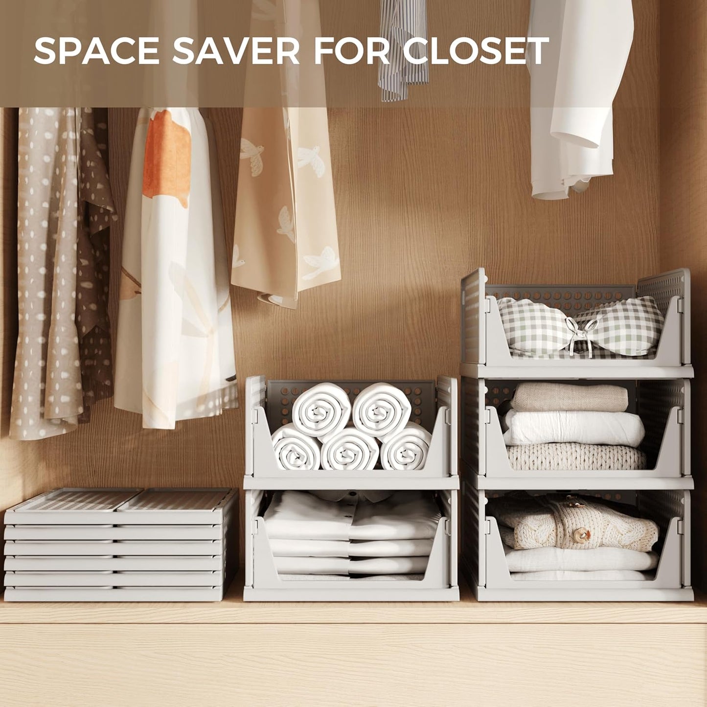 Pinkpum 6 Pack Closet Organizers Storage Box, Stackable Plastic Drawer Basket for Clothing, Stackable Storage Bins Shelf Storage Container for Closet Wardrobe Bedroom Bathroom Office Grey