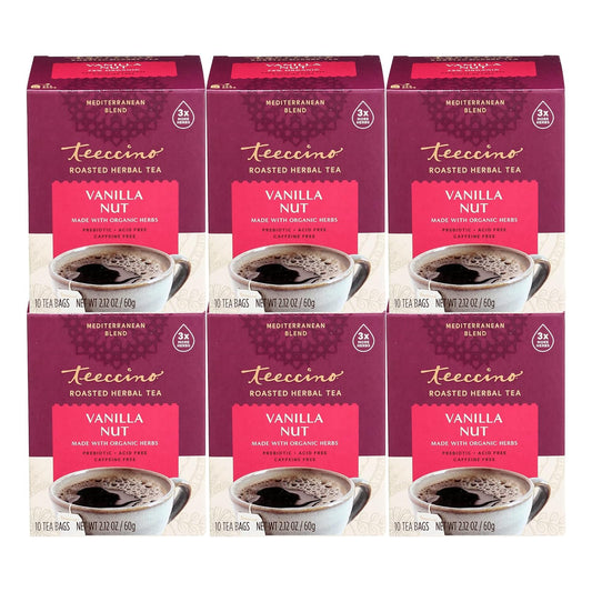 Teeccino Vanilla Nut Herbal Tea - Rich & Roasted Herbal Tea That’s Caffeine Free & Prebiotic for Natural Energy, 10 Tea Bags (Pack of 6)
