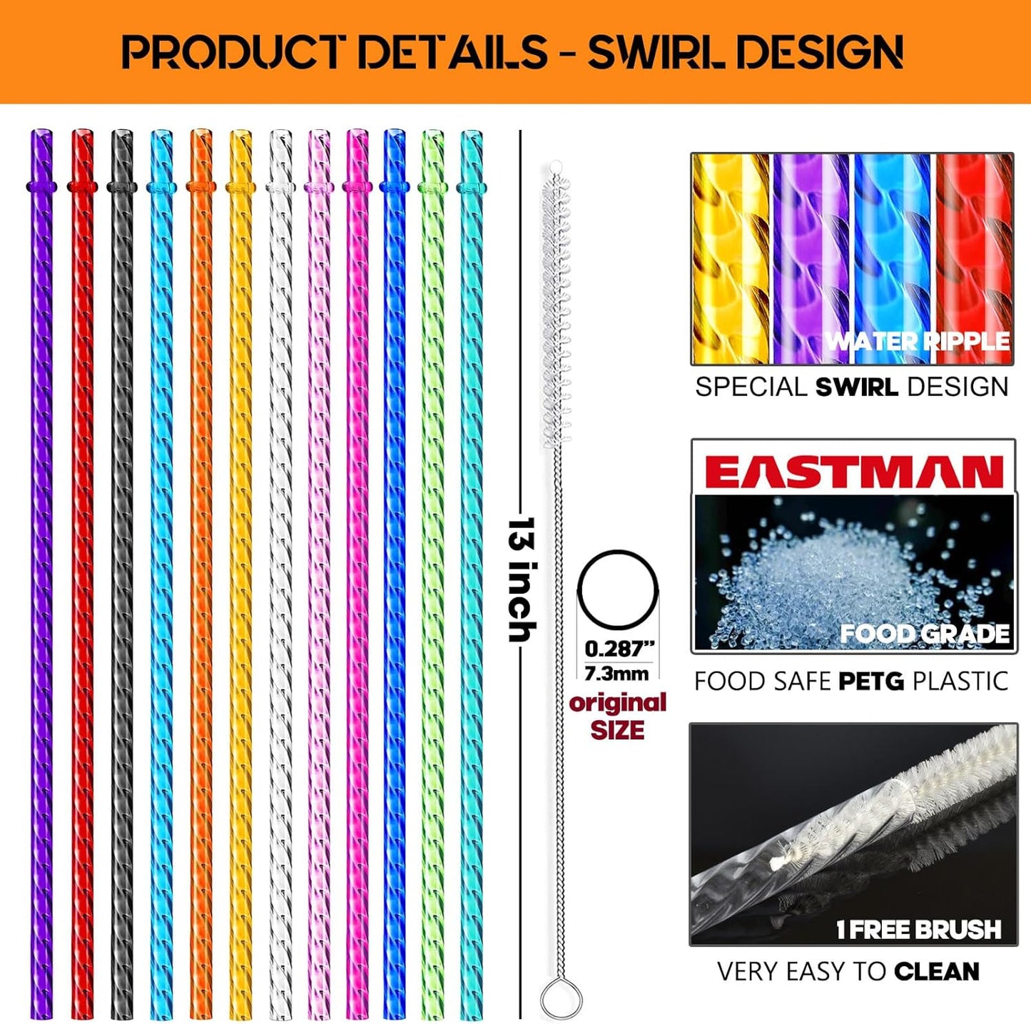 ALINK 12-Pack Reusable Plastic Clear Swirl Straws, 13" Extra Long Colorful Hard Plastic Replacement Straws for 16 OZ 20 OZ 30 OZ Stanley, YETI, Starbucks, Owala Tumblers with Straw Brush
