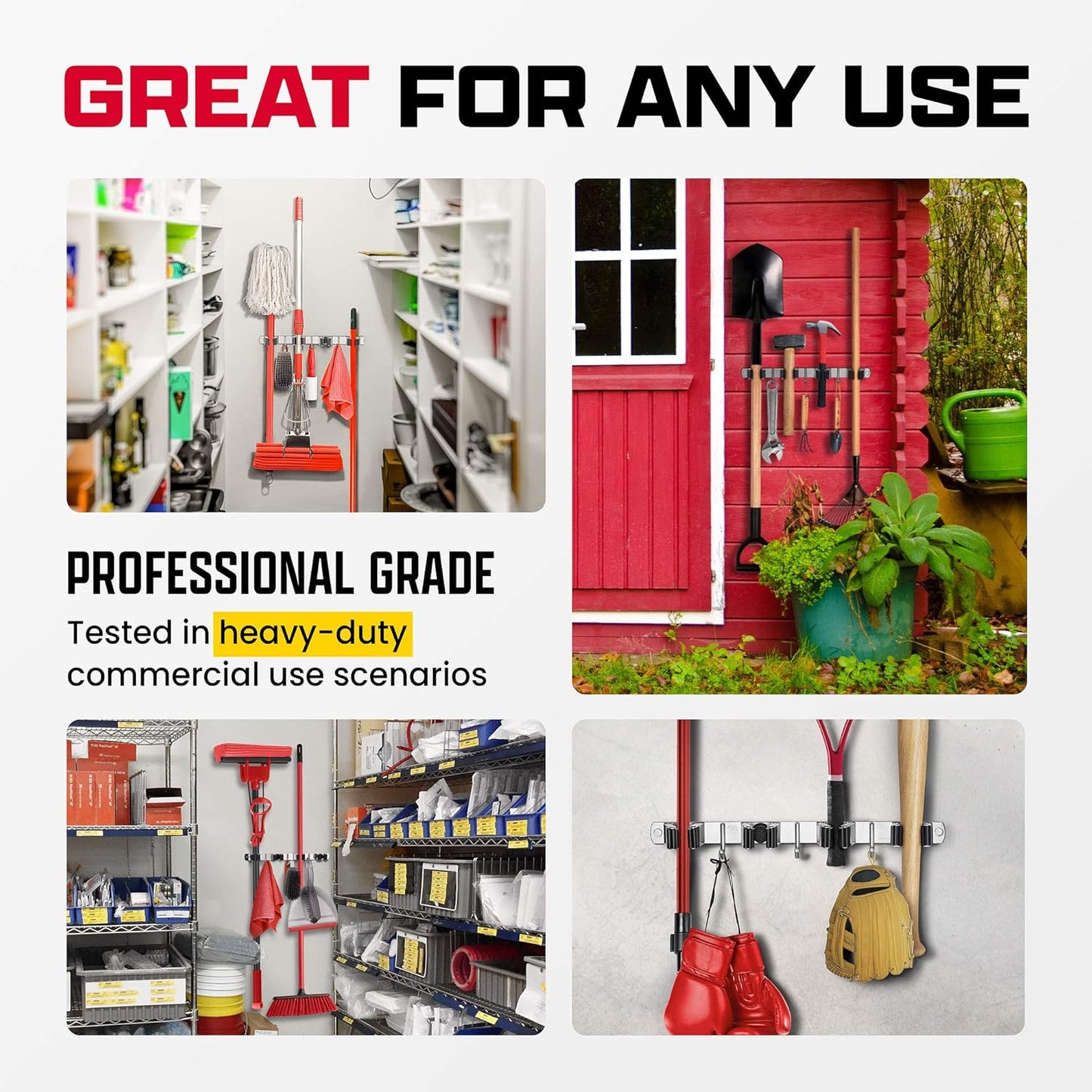 2 Pack Mop and Broom Holder Wall Mount – Self-Adhesive Stainless Steel broom hanger organizer – 4 Clamps, 3 Hooks – Holds Up to 40 Lbs