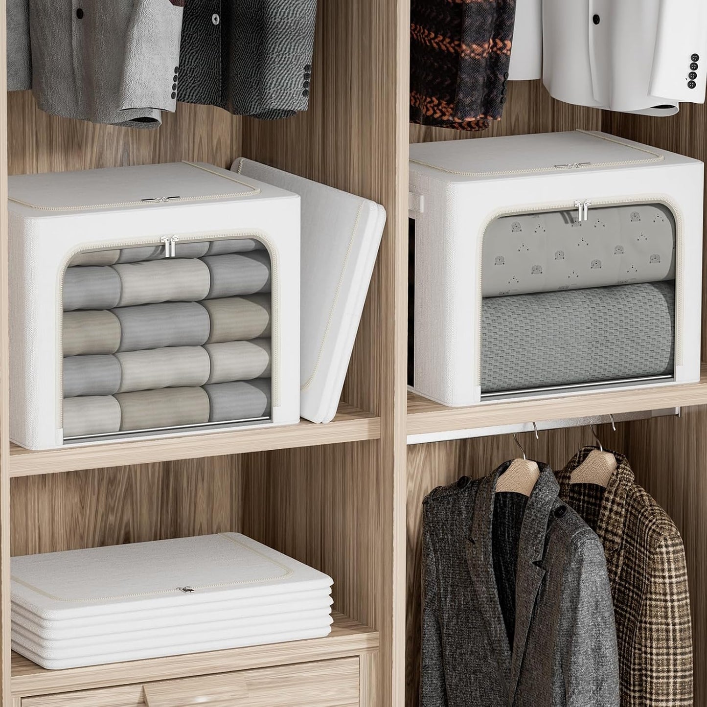 FHSQX 2 Pack Clear Window Storage Bins Large Stackable Linen Fabric Storage for Clothes Foldable Container Organizer Set with Carrying Handles (Lvory White, 15.7x 11.8x 7.8Inch)