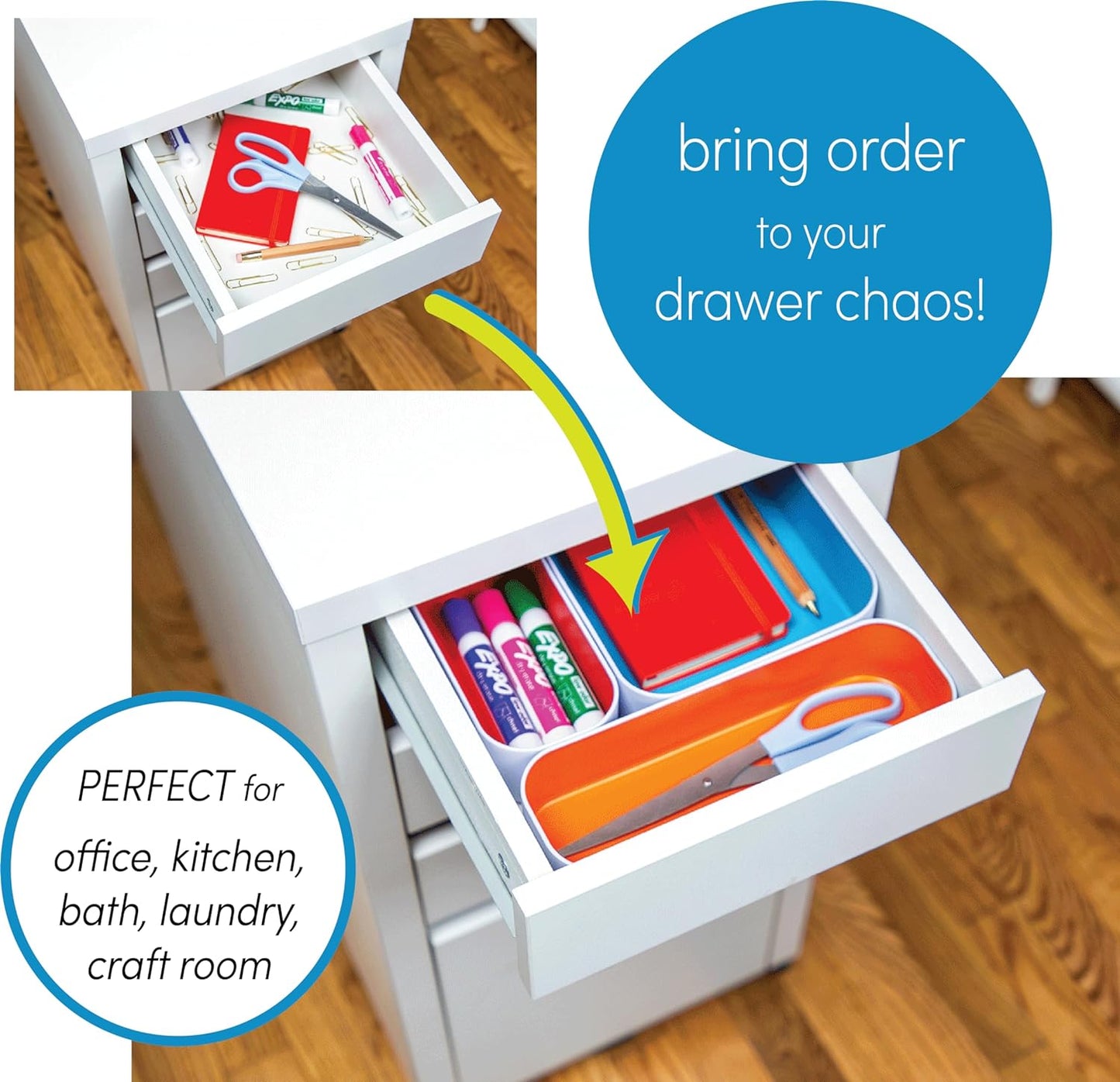 Three by Three Seattle 6 Piece Shallow Metal Organizer Tray Set for Storing Makeup, Stationery, Utensils, and More in Office Desk, Kitchen and Bathroom Drawers (1 Inch, Gold Dots and Stripes)