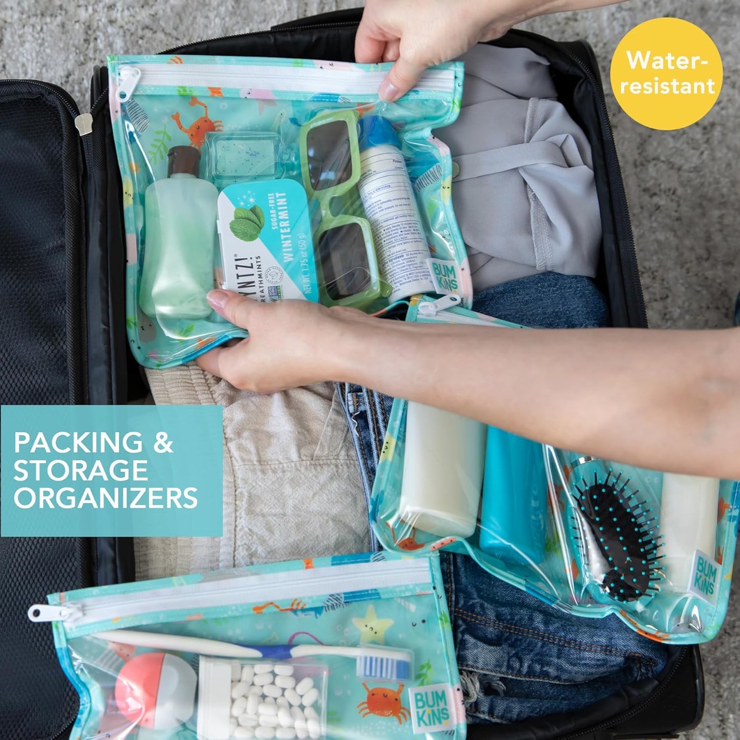 Bumkins Travel Bag, Toiletry, TSA Approved Pouch, Zip Bag, Quart Size Airline Compliant, Clear-Sided, Baby, Diaper Bag Organization, Makeup, Accessories, Packing, Set of 3 Sizes, Ocean Life Blue