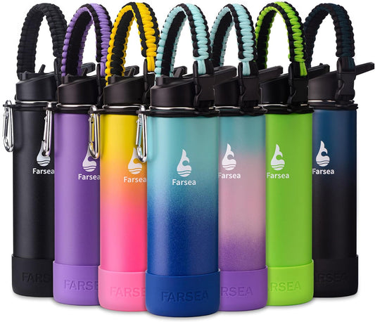Farsea Insulated Water Bottle With Paracord Handle, Protective Boot and 2 Lids (Straw Lid & Spout Lid), Stainless Steel Water Bottle Wide Mouth, Double Wall Sweat-Proof BPA-Free, 24 oz