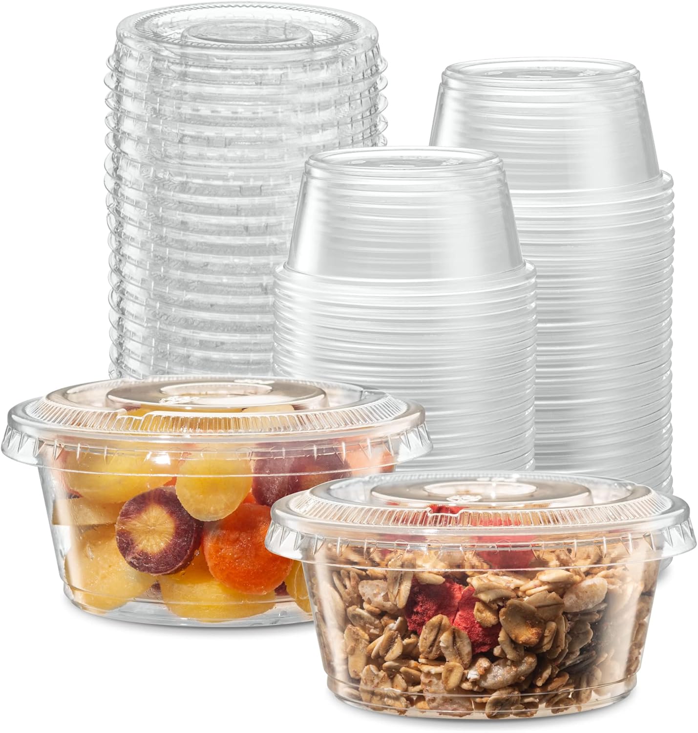 (3.25 oz - 100 Sets) Clear Diposable Plastic Portion Cups With Lids, Small Mini Containers For Portion Controll, Jello Shots, Meal Prep, Sauce Cups, Slime, Condiments, Medicine, Dressings,