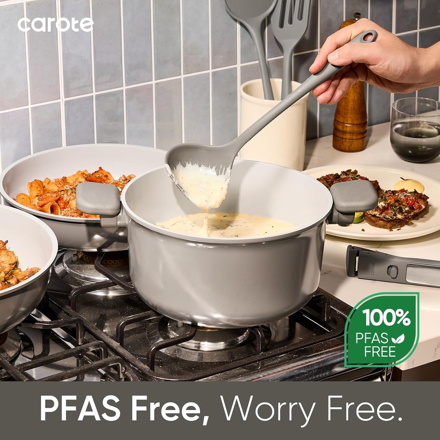 CAROTE 27pcs Ceramic Cookware Set Nonstick, Pots and Pans Set Non stick, Non Toxic Cookware, Dishwasher/Oven Safe, RV/Camping Cookware Set, Pan and Pot with Kitchen Utensils, Dark Gray