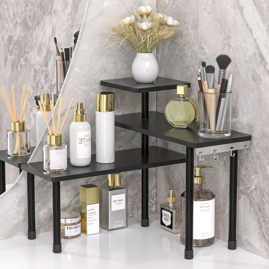 JayRex Countertop Corner Shelf, 3 Tier Shelf Moveable Organizer for Bathroom Counter, Make Up, Dresser Table, Desktop Shelf (Black)