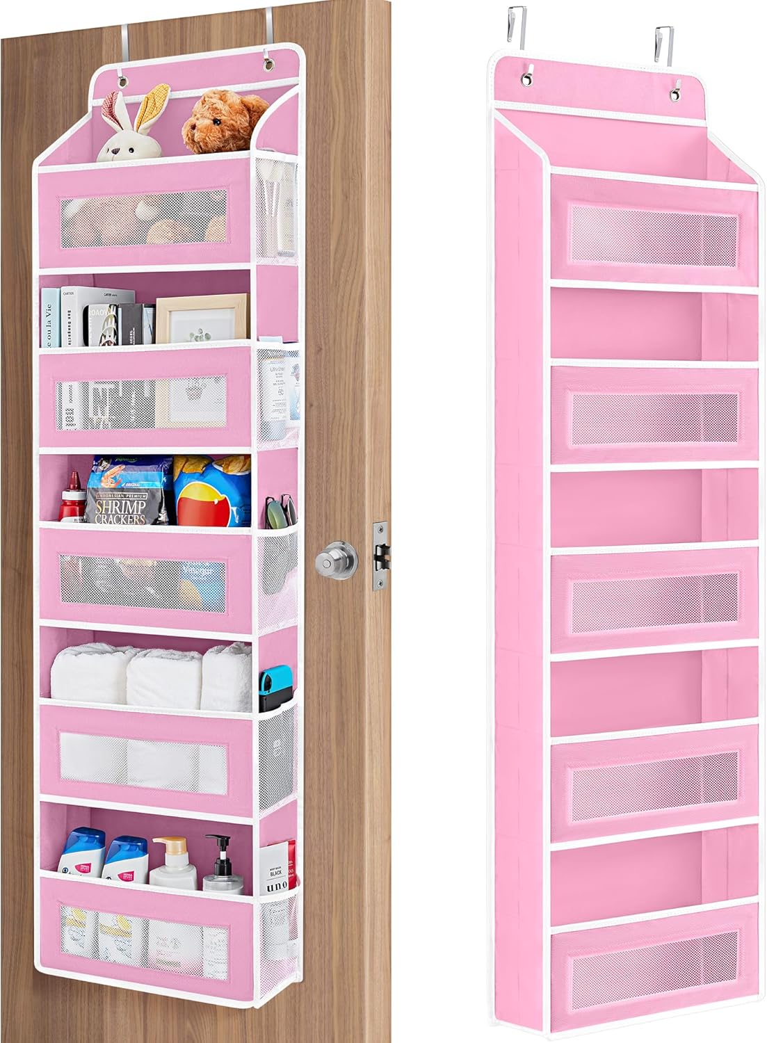 JARLINK Over The Door Organizer Storage, 5 Shelf Hanging Door Organizer with 5 Large Capacity Pockets, Anti Tilt 44 lb Load Behind Door Storage for Bedroom, Bathroom, Pantry, Nursery, (Pink)