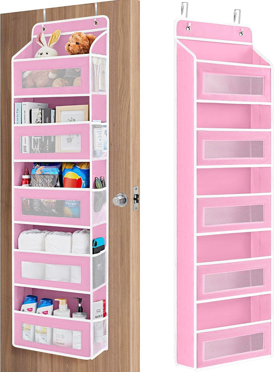 JARLINK Over The Door Organizer Storage, 5 Shelf Hanging Door Organizer with 5 Large Capacity Pockets, Anti Tilt 44 lb Load Behind Door Storage for Bedroom, Bathroom, Pantry, Nursery, (Pink)