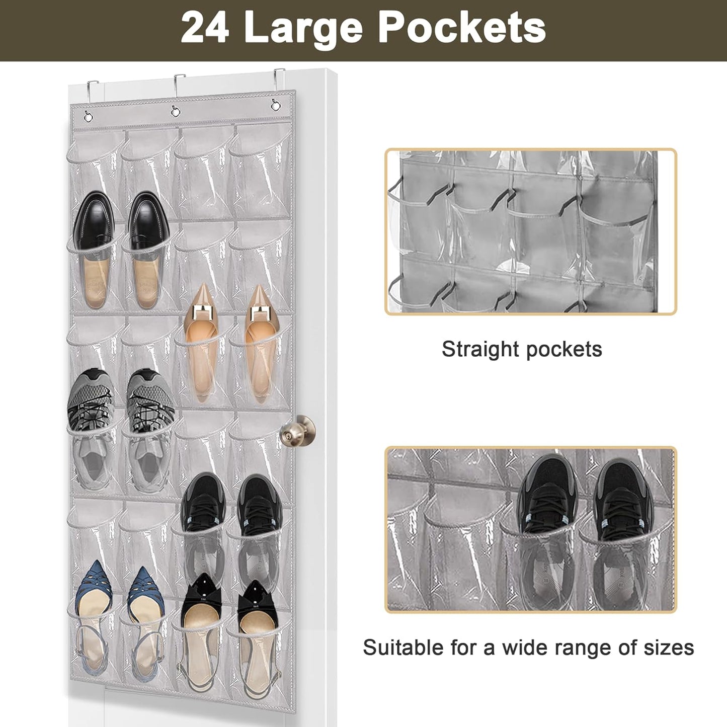 Over The Door Shoe Organizer - Space Saving Shoe Rack for Closet Door with 24 Pockets and Hook, Shoe Holder Back of Door Organizers for Shoes, Gray Hanging Shoe Organizer (Gray)