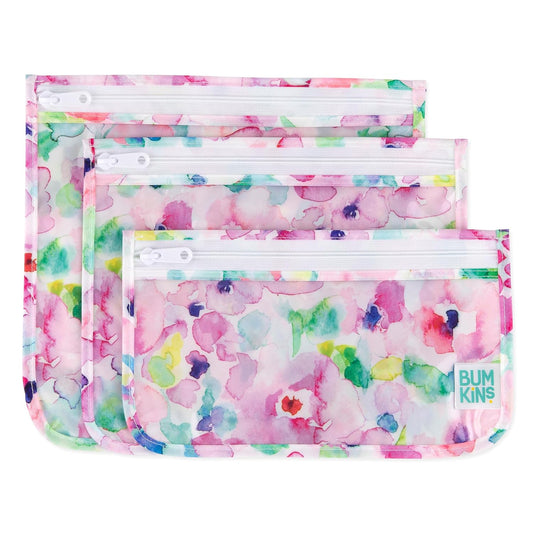 Bumkins Travel Bag, Toiletry, TSA Approved Pouch, Zip Bag, Quart Size Airline Compliant, Clear-Sided, Baby, Diaper Bag Organization, Makeup, Accessories, Packing, Set of 3 Sizes, Watercolors Floral