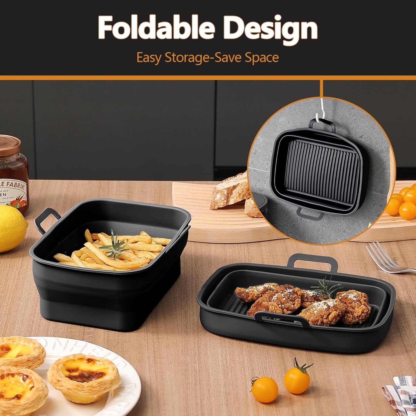 Collapsible 2-Pack Air Fryer Silicone Liners for 8QT & 10QT NINJA Foodi Dual, Rectangular Air Fryer Silicone Pot, Reusable Silicone Air Fryer Basket for Air Fryer Accessories(Black)