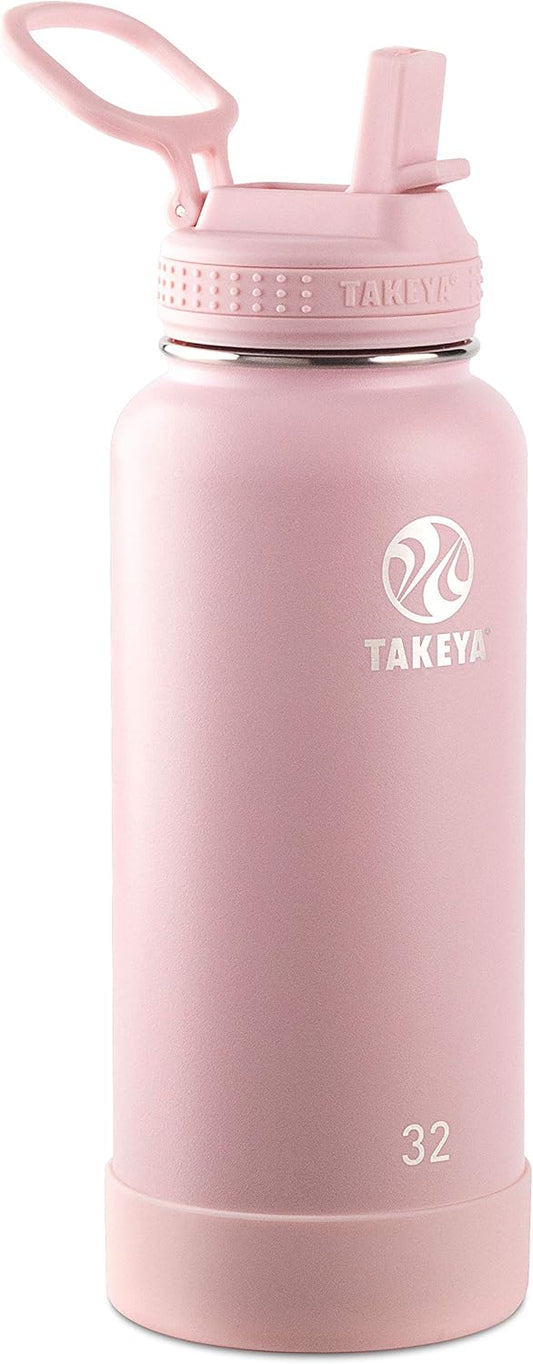 Takeya Actives 32 oz Water Bottle with Straw Lid - Double Wall Stainless Steel Insulation - Dishwasher Safe & BPA-Free - Removable Bumper - Blush