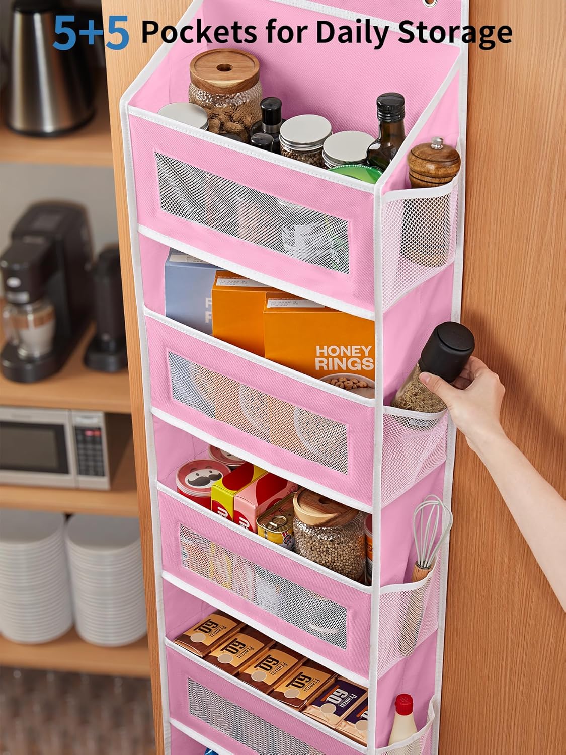 JARLINK Over The Door Organizer Storage, 5 Shelf Hanging Door Organizer with 5 Large Capacity Pockets, Anti Tilt 44 lb Load Behind Door Storage for Bedroom, Bathroom, Pantry, Nursery, (Pink)