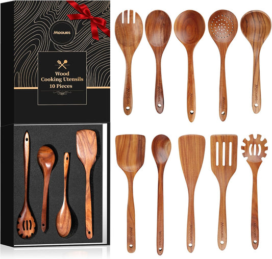 10-Piece Wooden Spoons for Cooking - Natural Teak Cooking Utensils with Premium Gift Box - Kitchen Gift Set -Soft Comfort-Grip Wood Spoons for Cooking