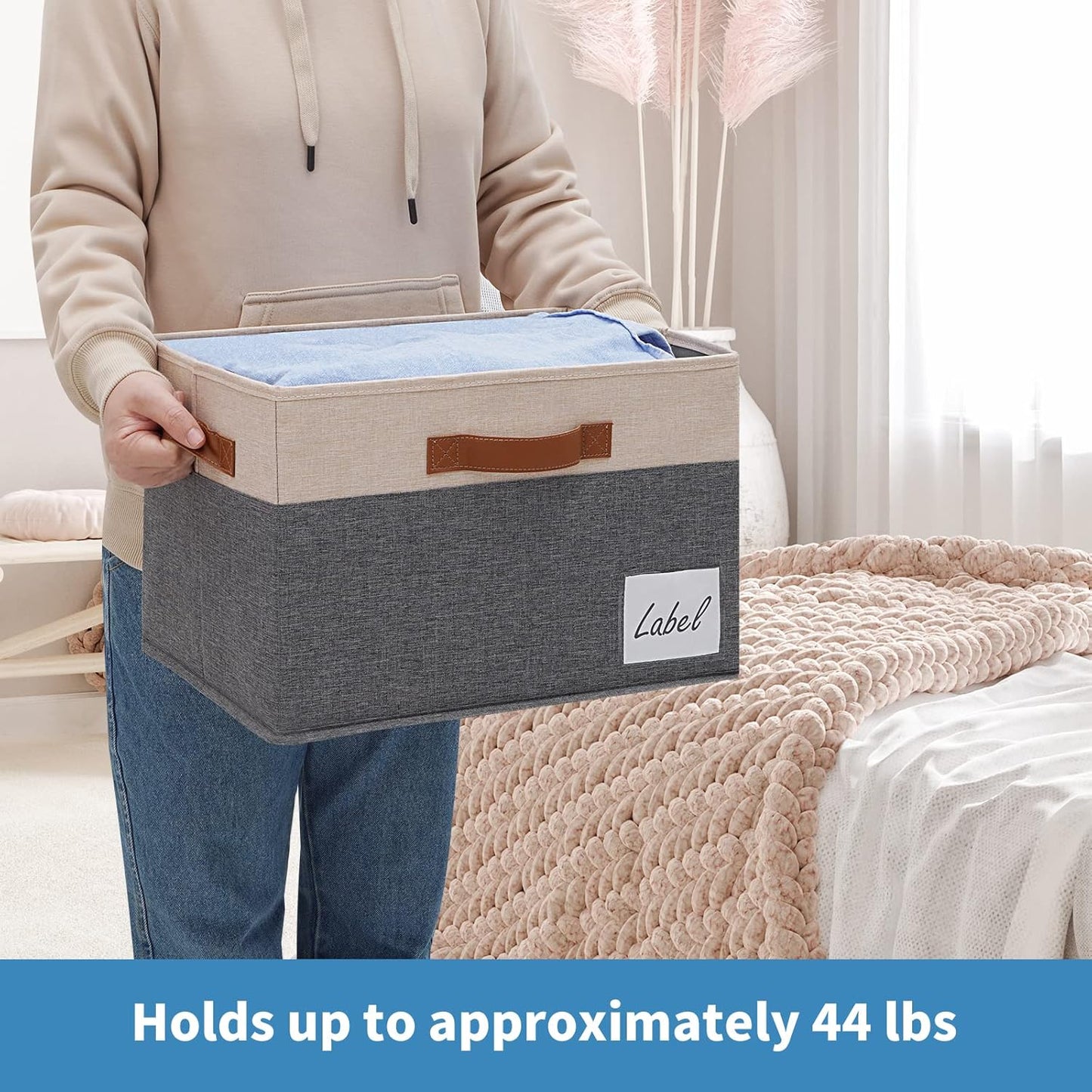 GhvyenntteS Fabric Storage Bins with Lids 3 Pack, Large Fabric Storage Baskets with Lid and Handles, Foldable Closet Organizers and Storage boxes with Label Window for Home (Beige, 15" x 11" x 9.7")