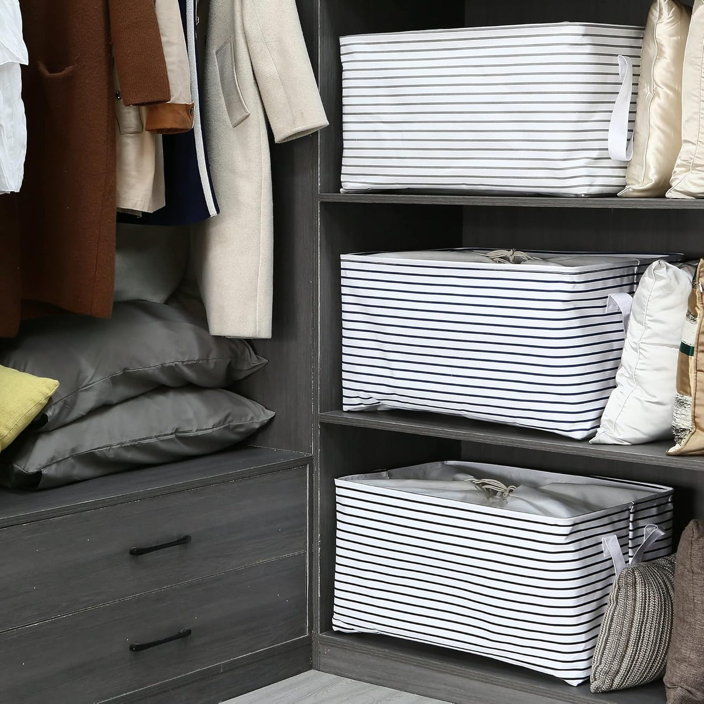 Hinwo 102L XXL Storage Bins, 4-Pack Closet Organizers and Storage, Foldable Clothes Storage Baskets with Handles, Containers for Clothing, Blanket, Comforters, Toys, Bedding (Black Stripe)