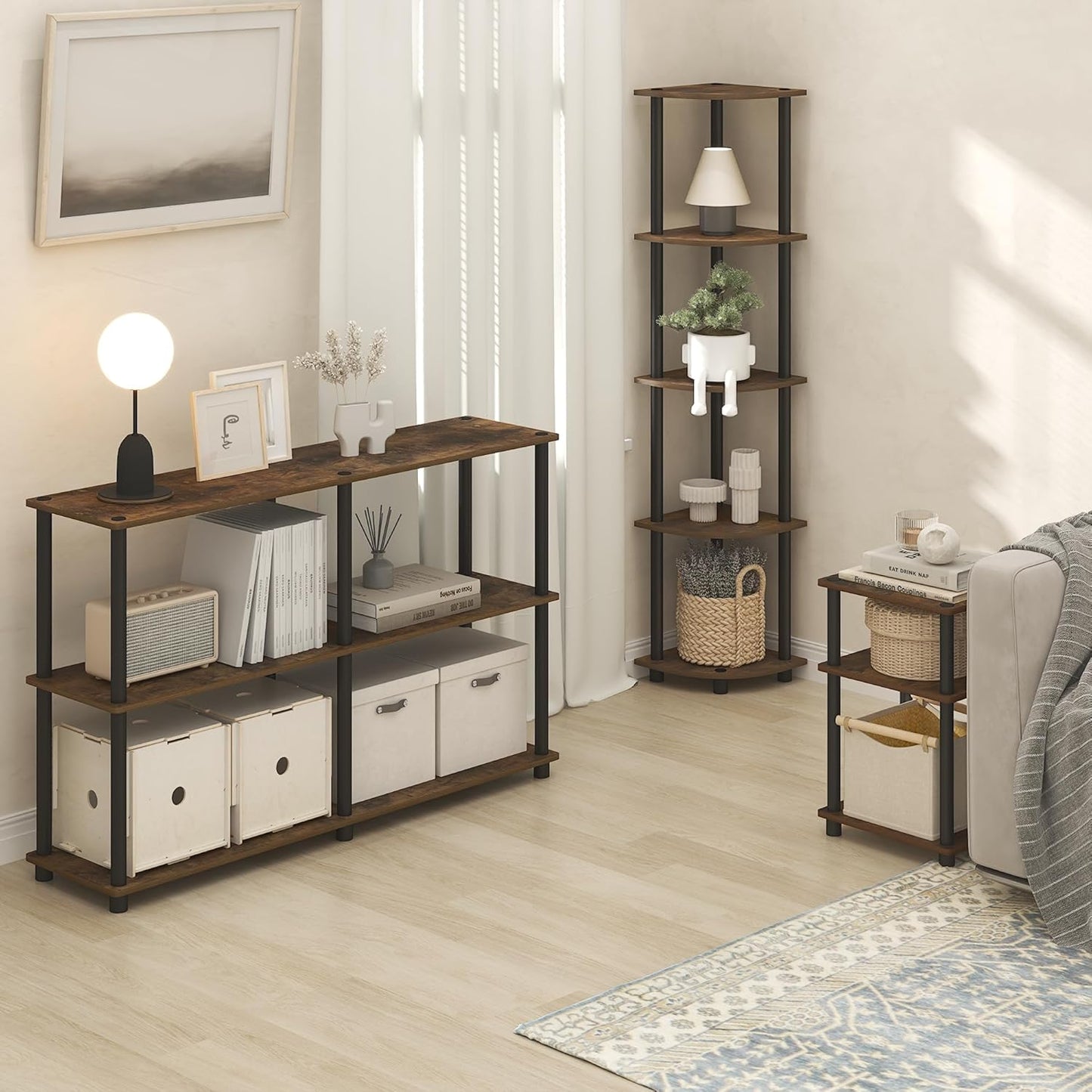 Furinno Turn-N-Tube Corner Shelf, 5-Tier Corner Bookshelf, Open Storage Shelves, for Organization and Storage, Living Room, Home Office, Garage, Bedroom, Amber Oak