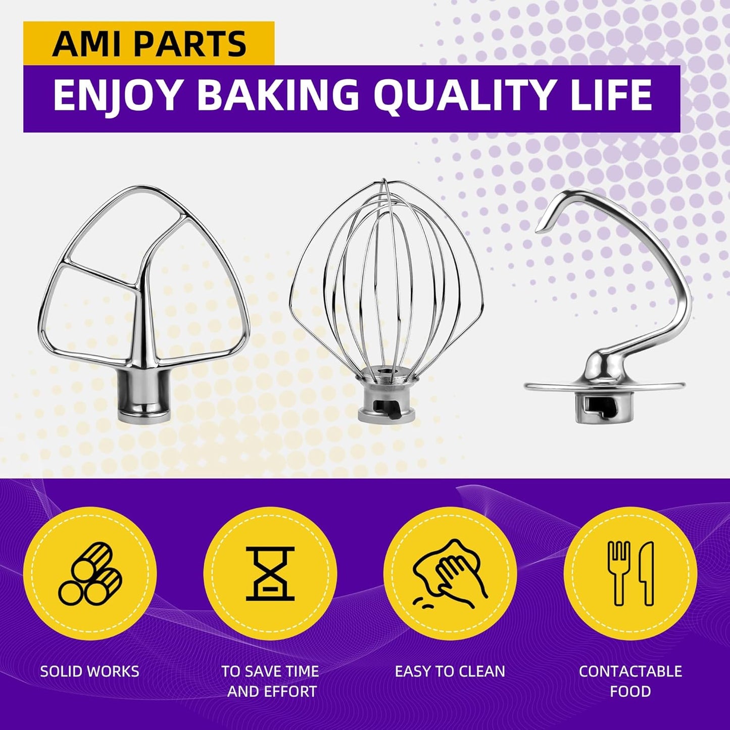 3 Pieces Stand Mixers Repair Set Stainless Steel for Kitchen Tilt-Head Stand Mixers K45DH Dough Hook K45B Coated Flat Blade Paddle K45WW Wire Whip Compatible with Kitchen-aid Accessories by AMI PARTS