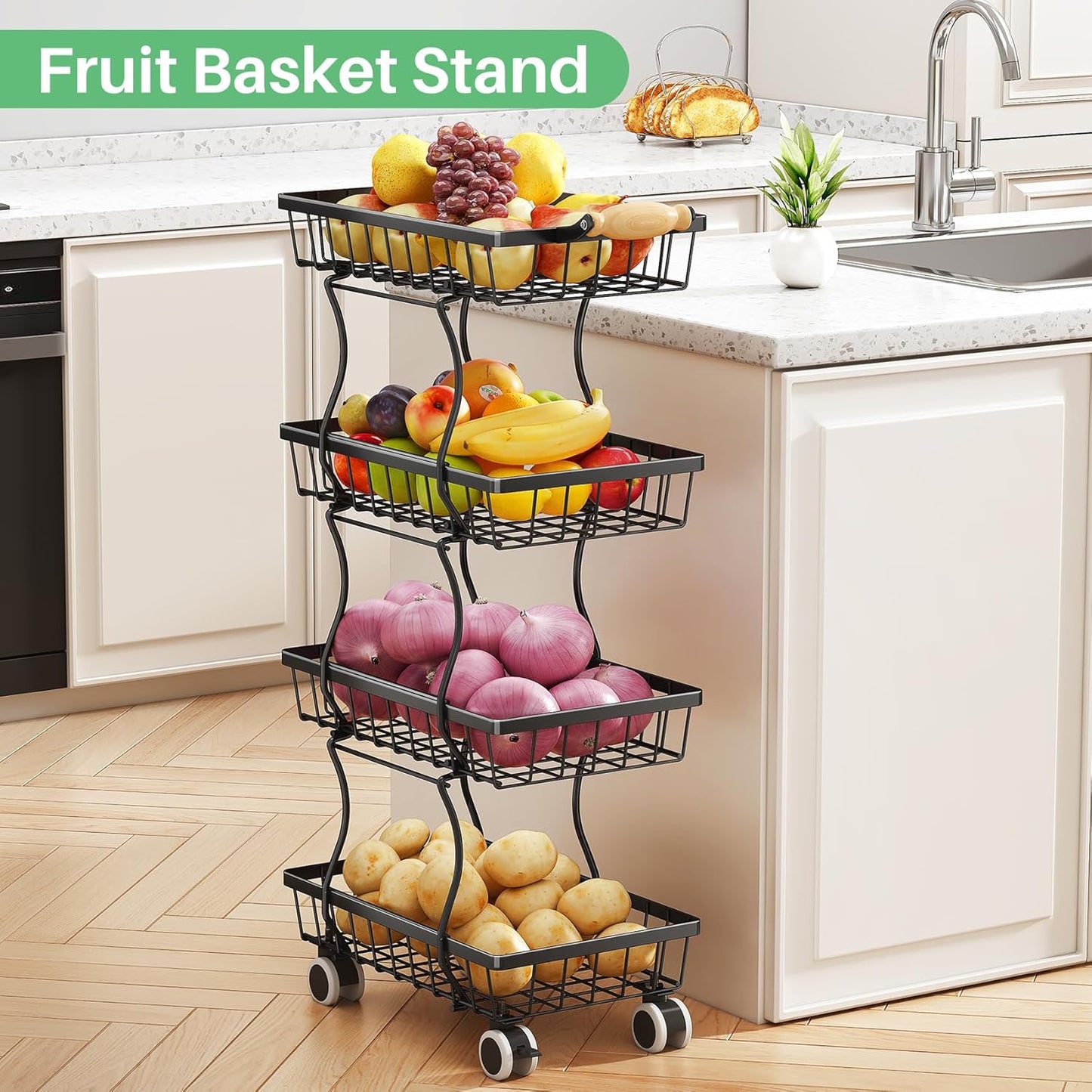 Fruit Basket Kitchen Pantry Organizers and Storage - 4 Tier Stackable Metal Wire Basket Stand for Fruit Vegetable Snacks Jars Bins Containers Organization, Black